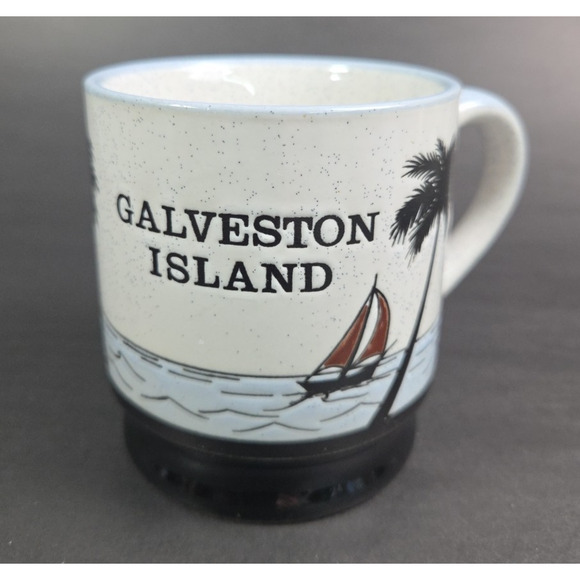 Galveston Island Speckled Stoneware Coffee Mug Cup 10 oz Blue Embossed Sailboat - Picture 1 of 9